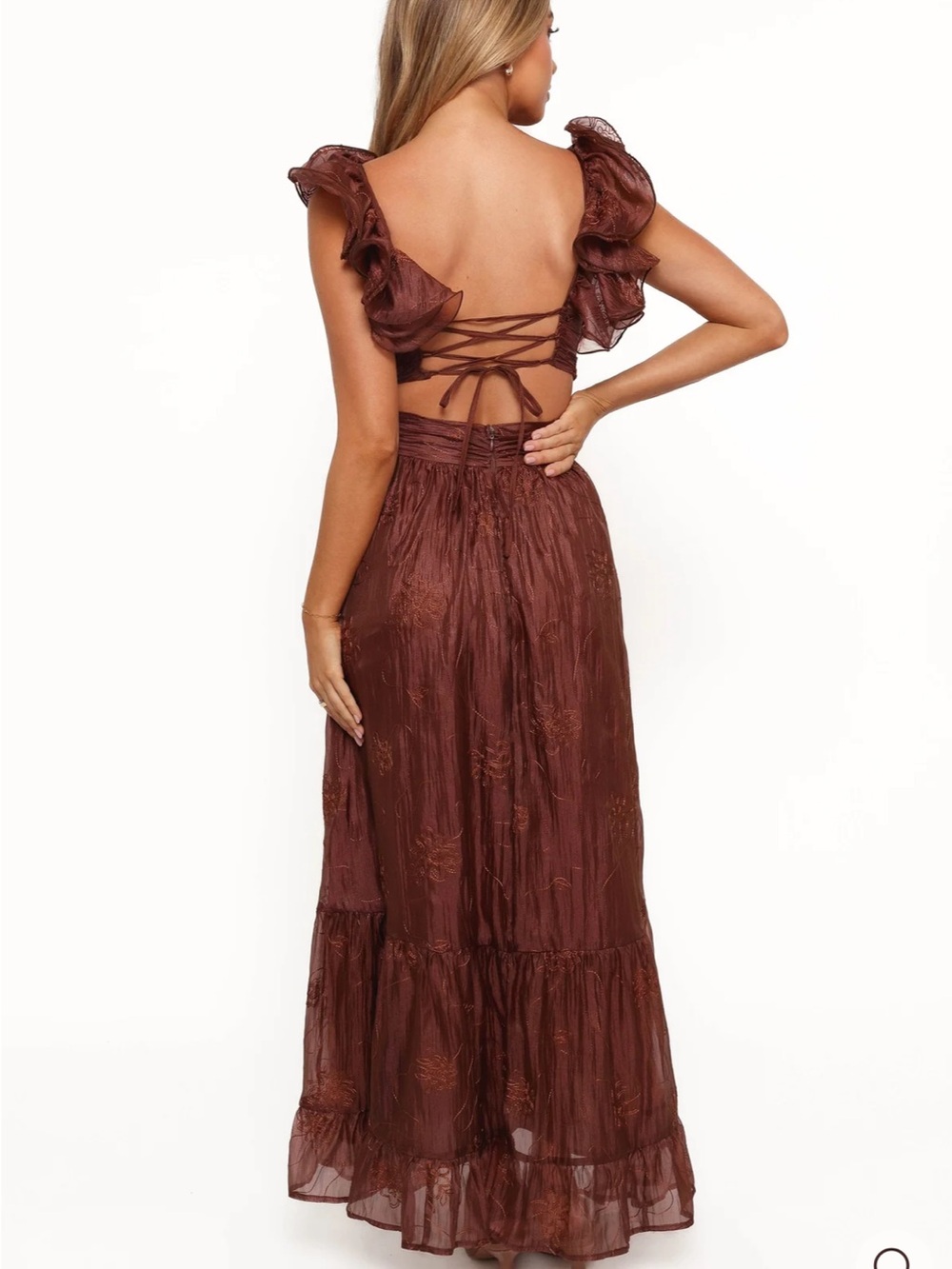 Petal & Pup Harmony Dress - Brown Ruffled Strap V-Neck Maxi - Picture 2 of 3